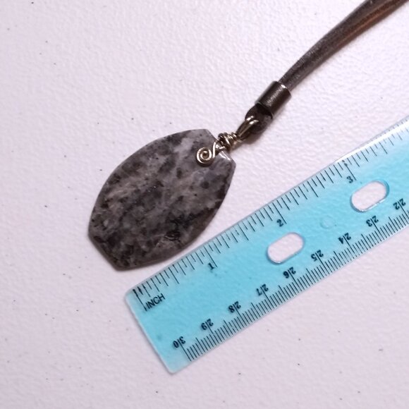 Minimalist Larvikite Pendant on Rawhide Leather Cord - Unisex - Black & Grey - Picture 10 of 11
